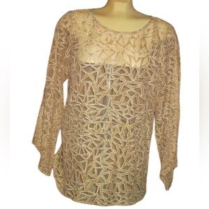 •NEW DIRECTIONS•NWOT TAN & WHITE LACE MESH GEOMETRICAL PATTERNED BLOUSE MEDIUM